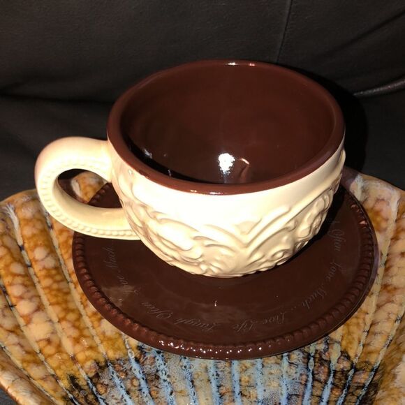 Live Laugh Love Cup & Saucer in Chocolate Brown and Ivory - Picture 2 of 10
